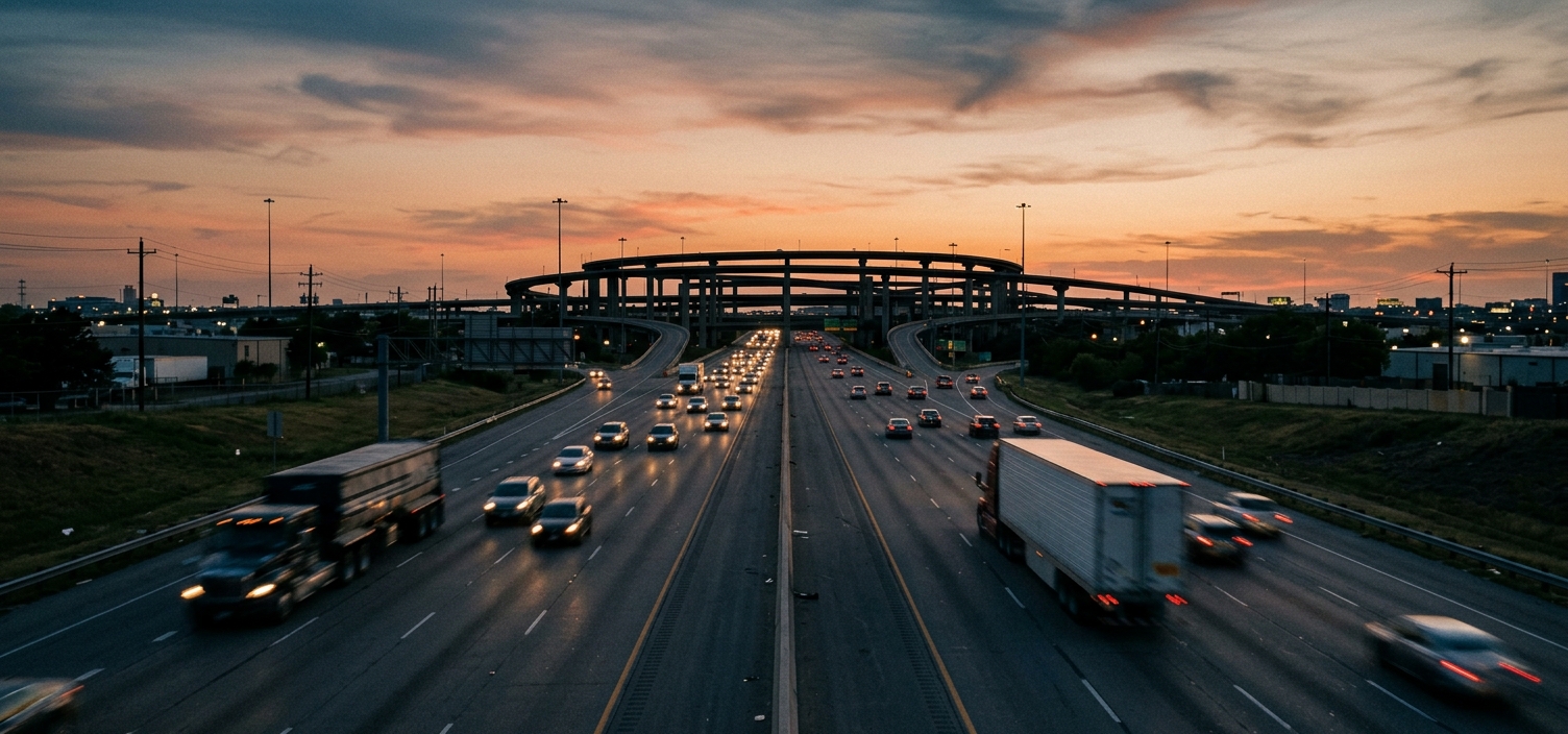 A DFW freeway interchange at dusk with trucks on the highway.