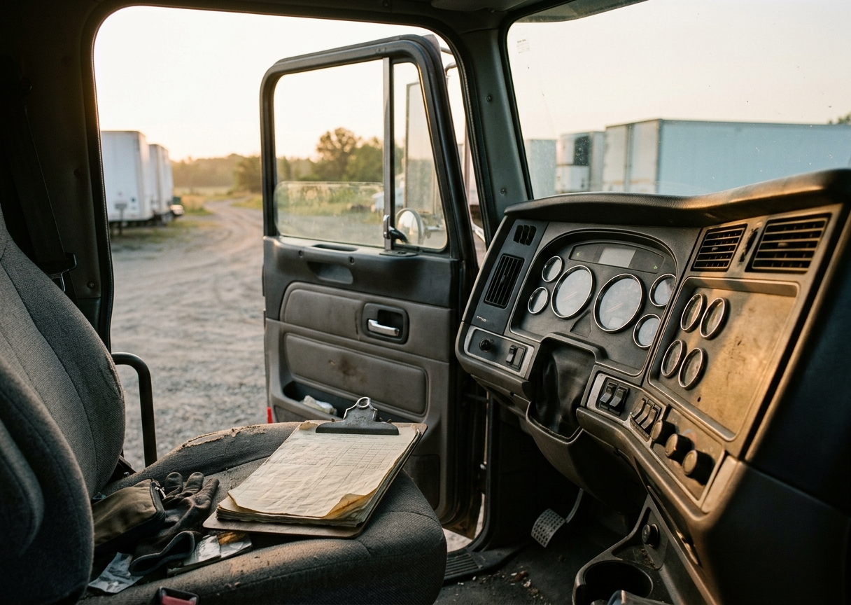 Paperwork on the seat of a parked semi truck in a fleet yard.